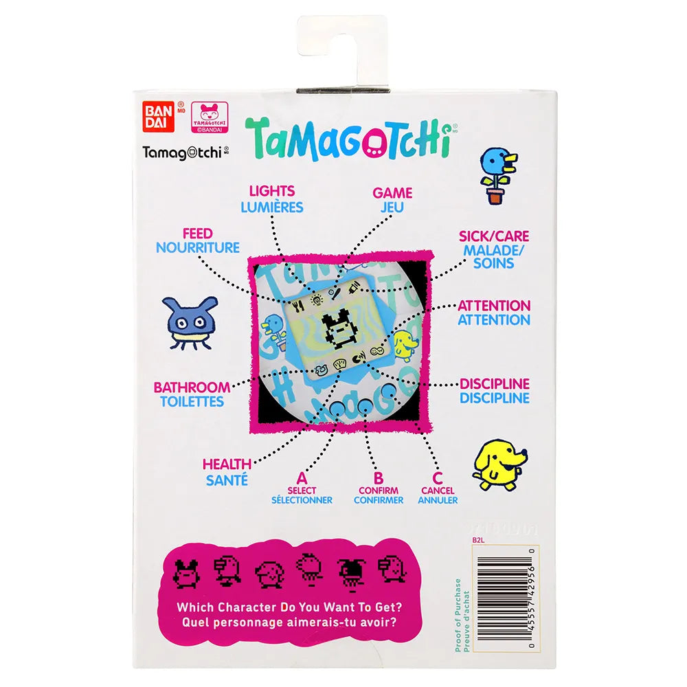 Back of Tama Universe Tamagotchi packaging with feature descriptions.