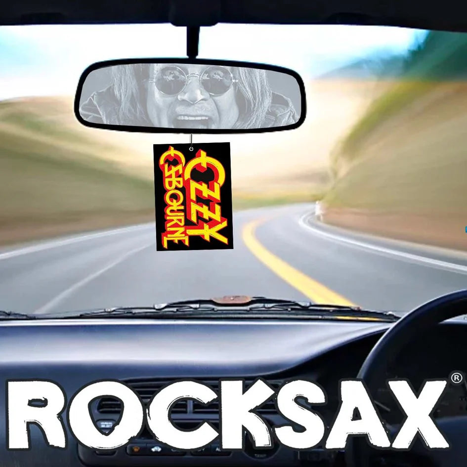 Ozzy Osbourne logo air freshener hanging in car interior