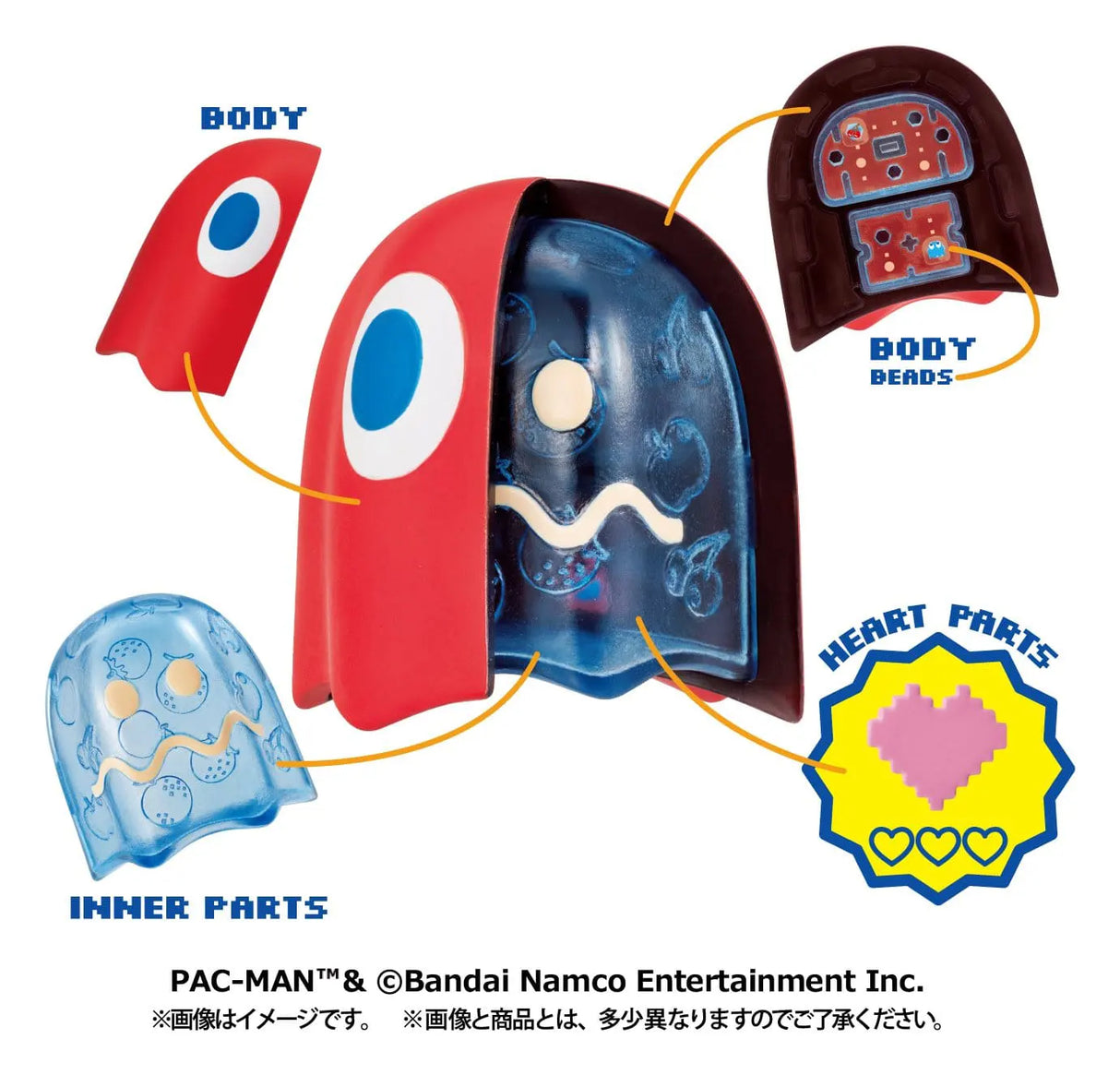 Pac-Man Inside Fantasy Series Blinky exploded view with internal components and heart part.