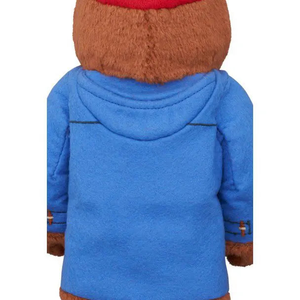 Rear view of the 400% Bearbrick Paddington showing the soft fabric coat design and fuzzy bear texture.