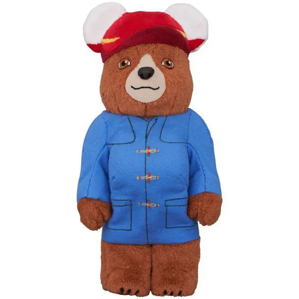 Front view of 400% Bearbrick Paddington (Costume Version) with blue duffle coat and red hat by Medicom Toy.