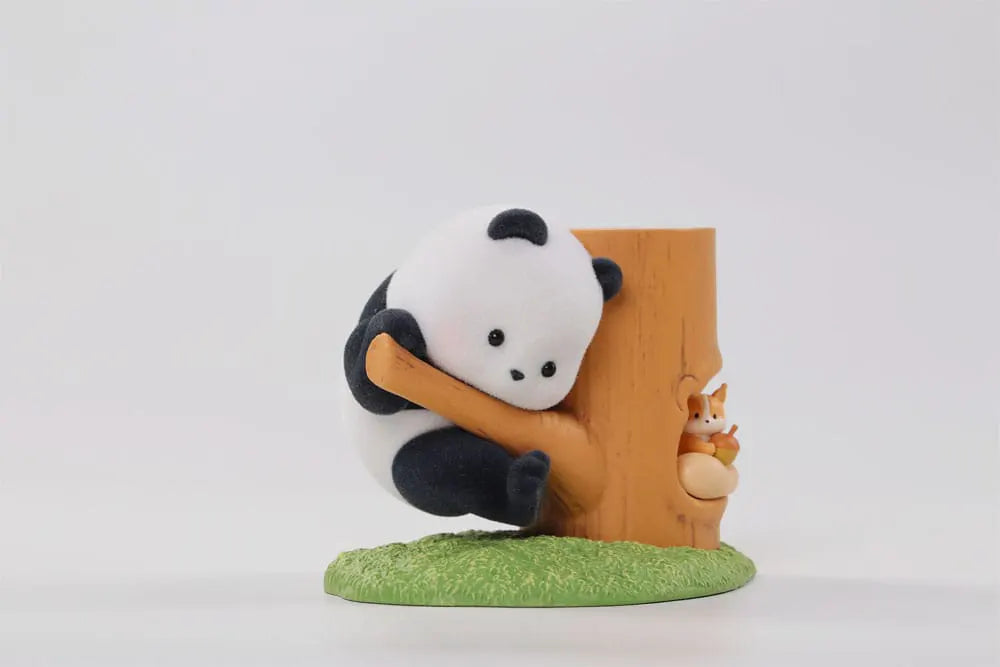 Adorable panda climbing tree trunk with hidden squirrel peeking out