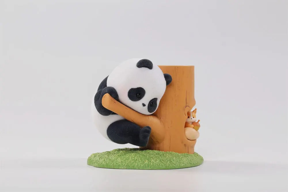 Adorable panda climbing tree trunk with hidden squirrel peeking out
