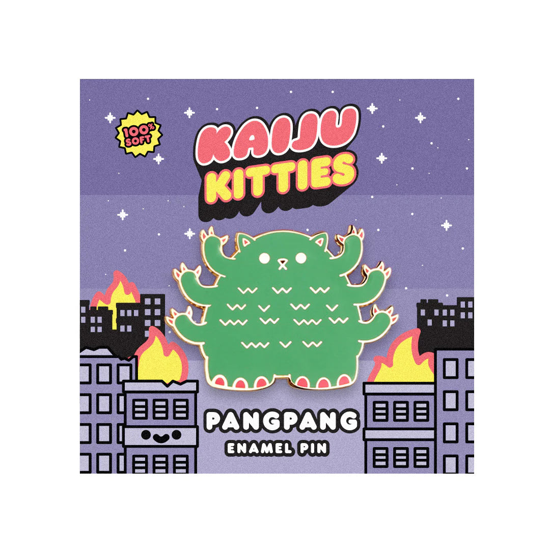 Pangpang Kaiju Kitties enamel pin displayed on Kaiju Kitties branded backing card