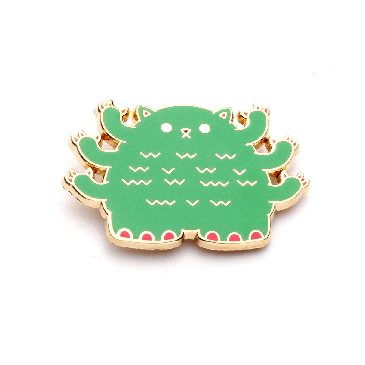Pangpang Kaiju Kitties enamel pin with green monster cat design and gold plating