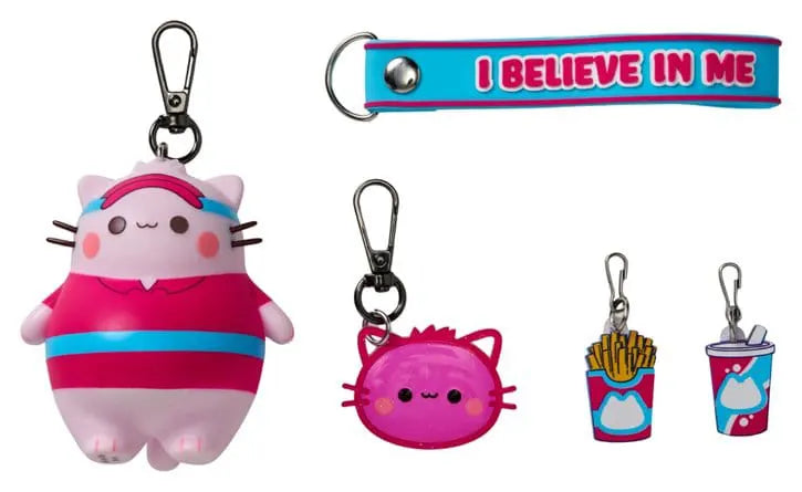Pembe the Pink Cat I Believe In Me keychain set featuring colourful charms and motivational wrist strap