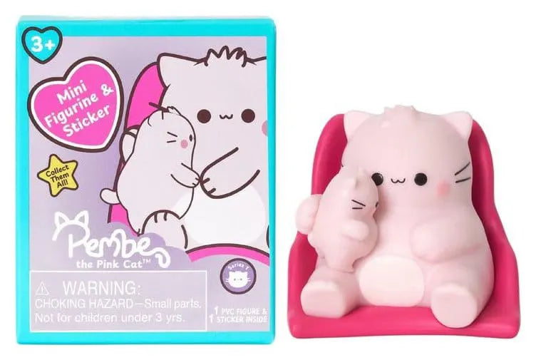 Pembe the Pink Cat snuggling with Little Pembe on a pink chair mini figure from the blind box collection