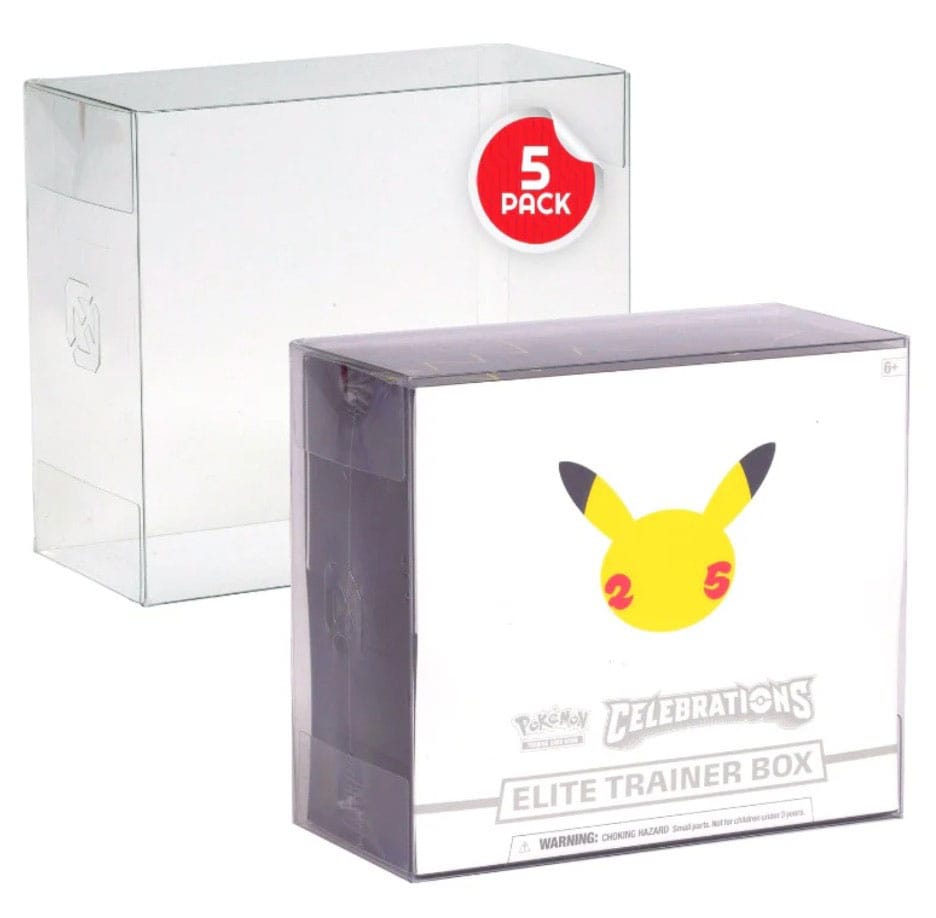 Transparent PET protector sleeve for Pokémon Elite Trainer Boxes shown with Celebrations ETB inside