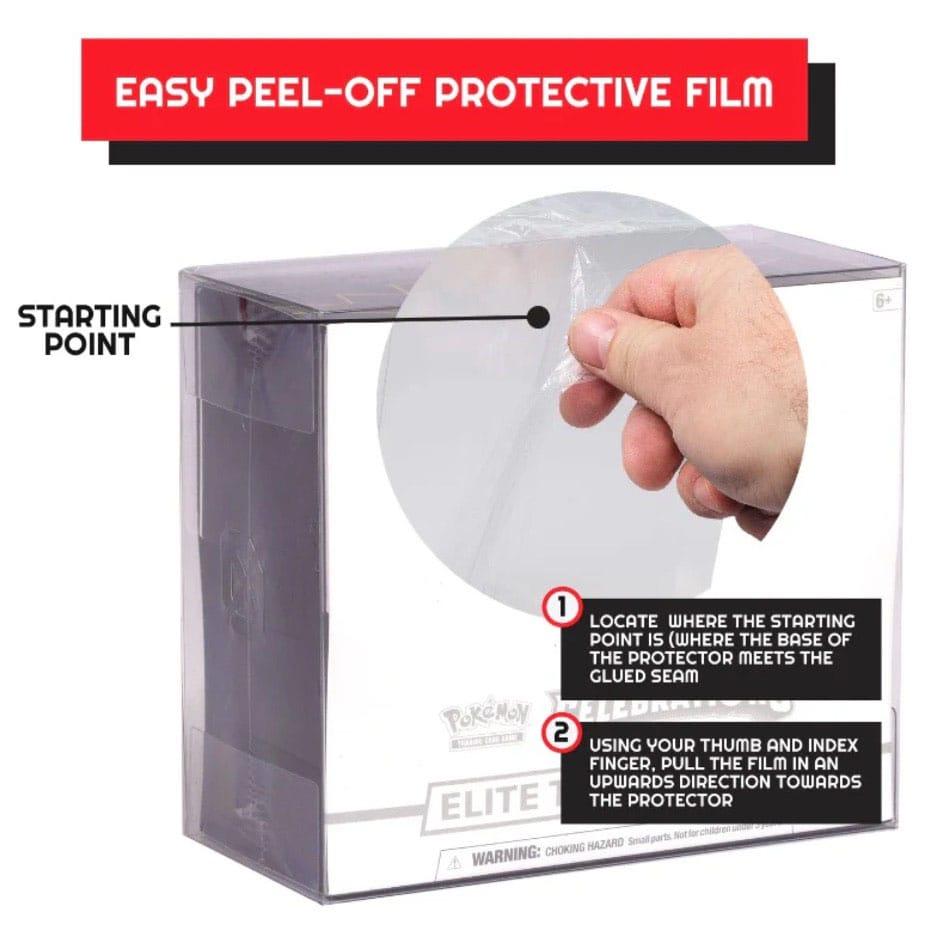 Hand peeling protective film off PET protector case for Pokémon Elite Trainer Box