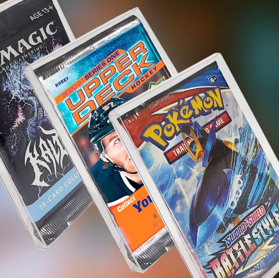 PET protector sleeves displayed with Magic, Pokémon, and hockey booster packs to show compatibility