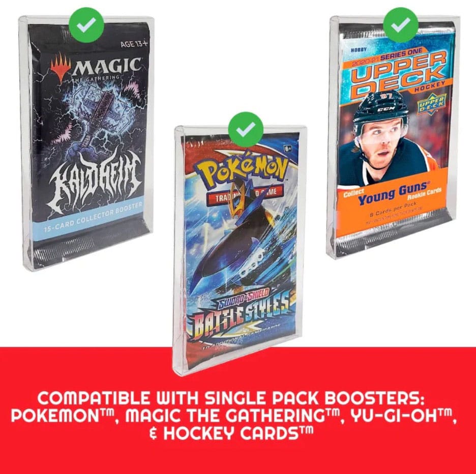 Close-up lineup of Magic, hockey, and Pokémon booster packs inside PET protectors