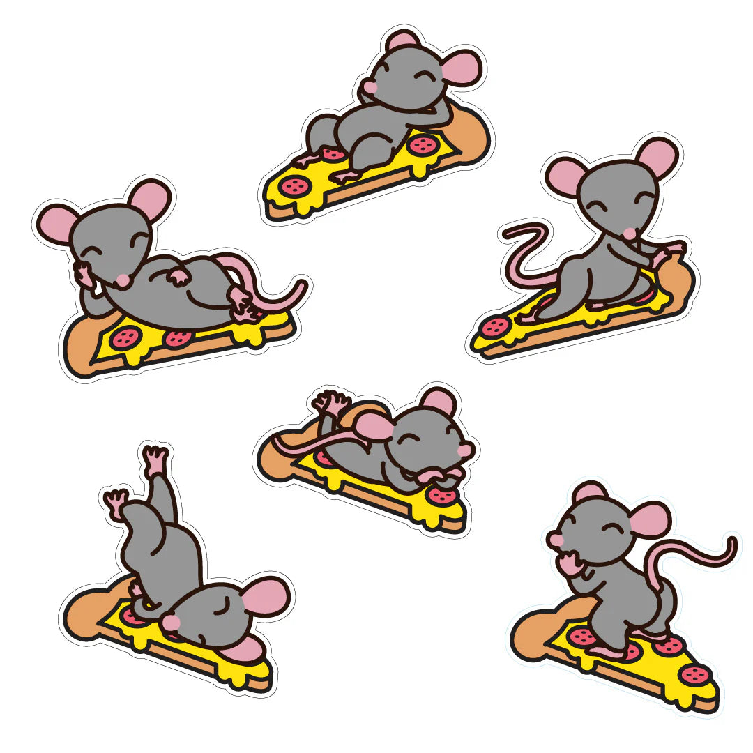 Pizza Rats After Dark vinyl stickers showing rats lounging and partying on pizza slices
