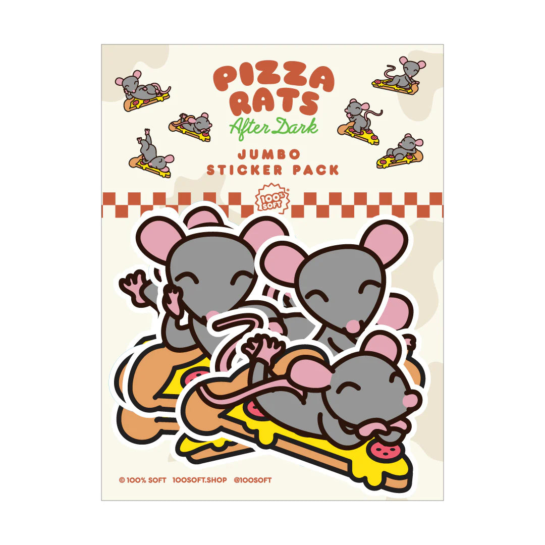Pizza Rats After Dark sticker pack packaging featuring neon pizza rat illustrations
