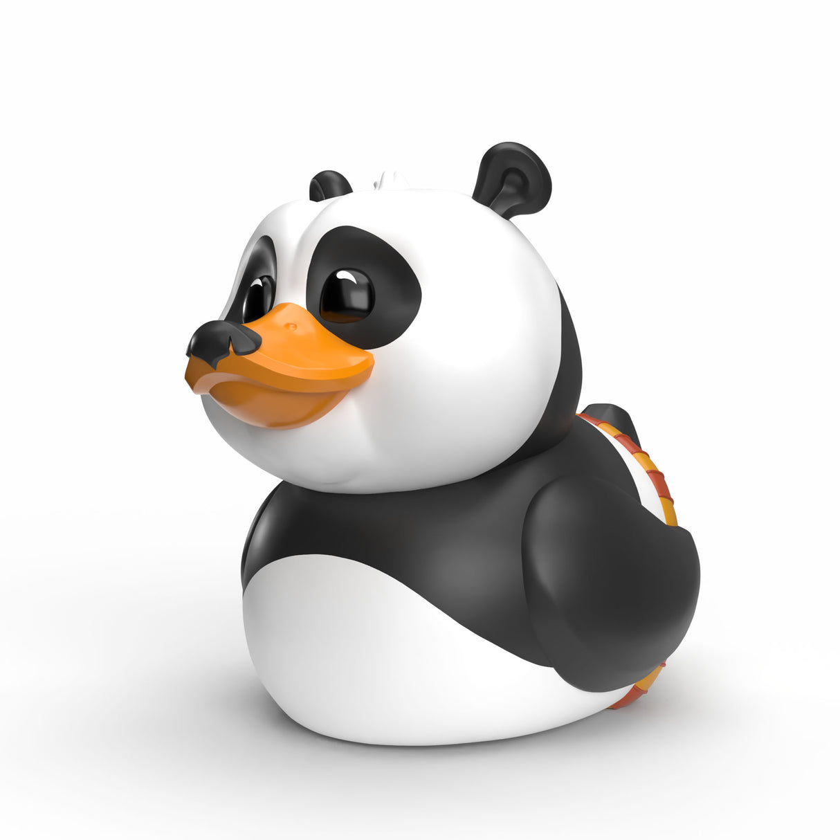 Side angle of Mini TUBBZ Po duck figure with panda markings