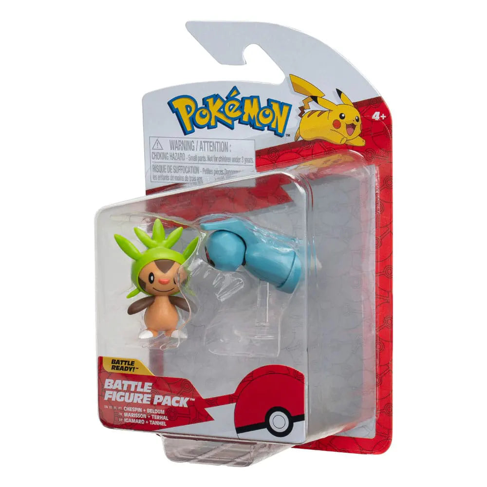Front view of Pokémon Battle Figure Pack showing Chespin and Beldum in clear blister
