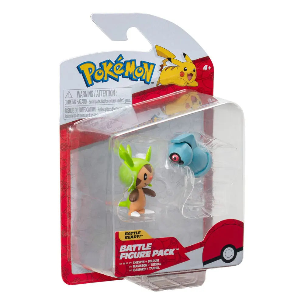 Side angle of Pokémon Battle Figure Pack with Chespin and Beldum figures in packaging