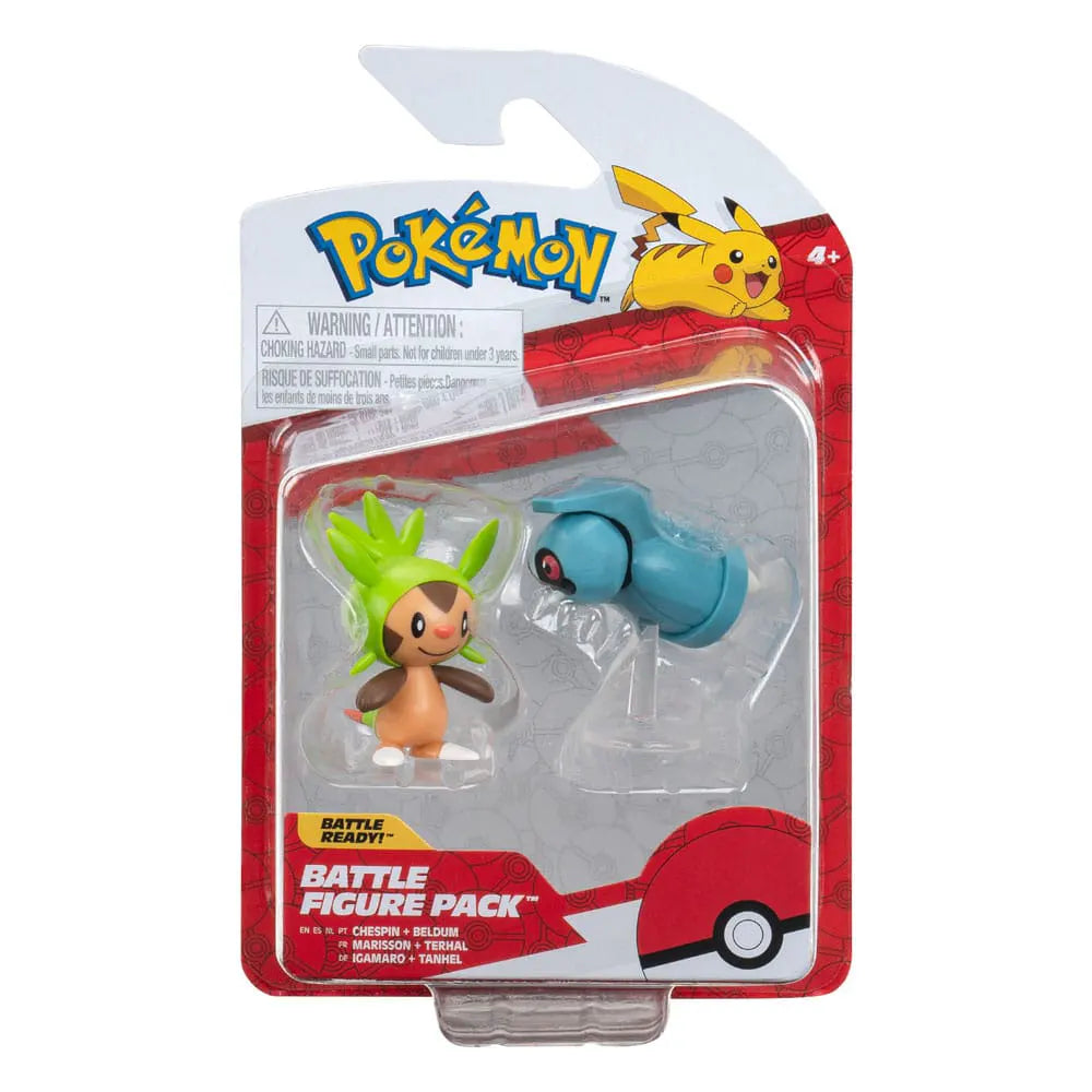 Pokémon Battle Figure Pack with Chespin and Beldum in sealed blister packaging, front view