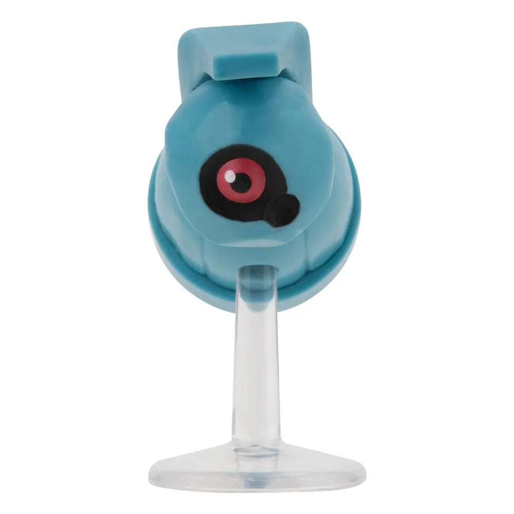 Close-up of Beldum Pokémon battle figure on a clear stand