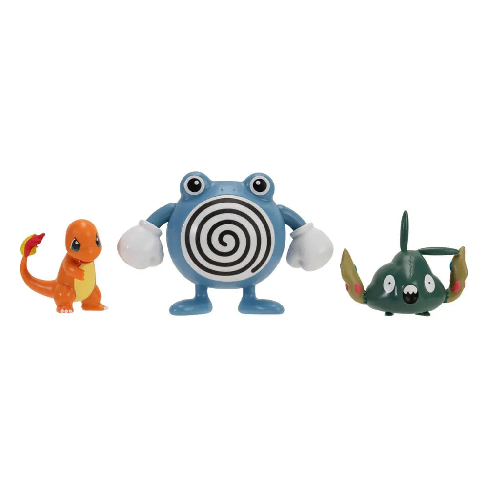 Loose Pokémon mini figures of Charmander, Trubbish, and Poliwhirl standing side by side.