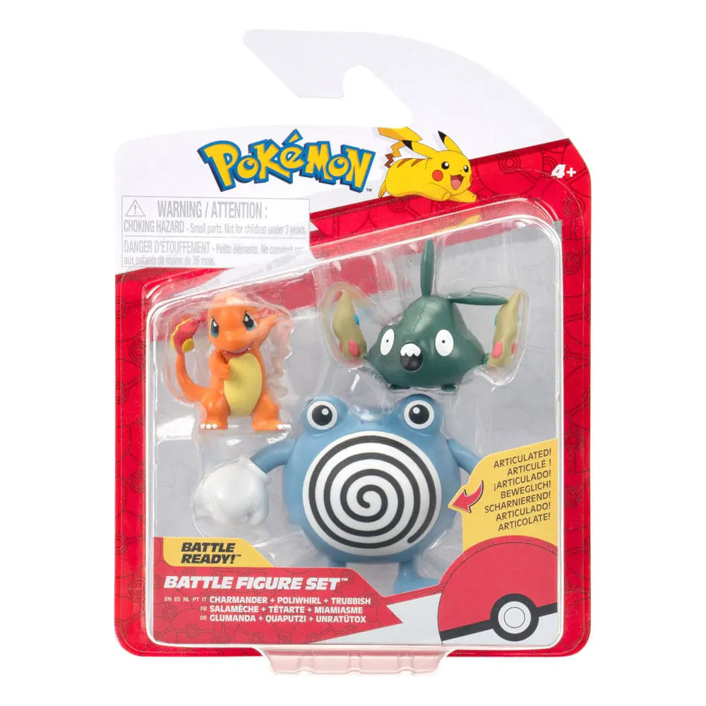 Pokémon Battle Figure Pack in blister packaging featuring Charmander, Trubbish, and Poliwhirl mini figures.