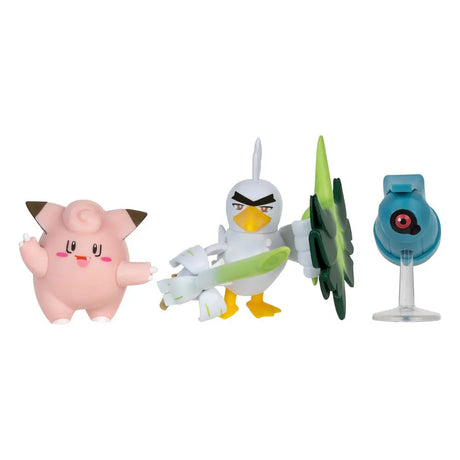 Pokémon Battle Figure Set in blister packaging featuring Clefairy, Beldum, and Sirfetch’d by Jazwares.
