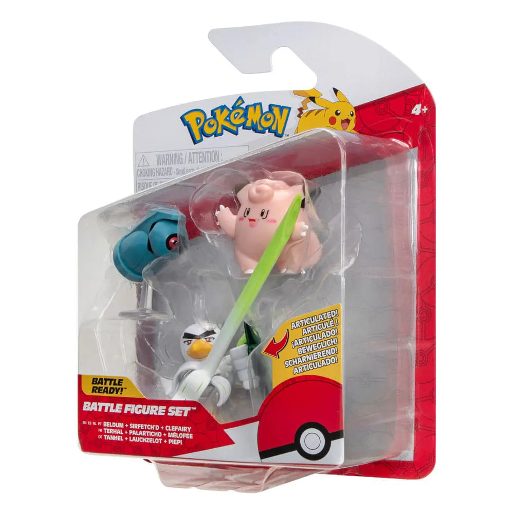Clefairy, Beldum, and Sirfetch’d Pokémon figures displayed outside the packaging.