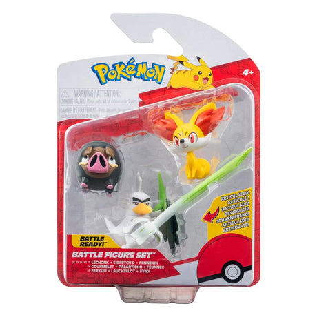 Pokémon Battle Figure Set in blister packaging featuring Fennekin, Lechonk, and Sirfetch’d with leek sword and shield