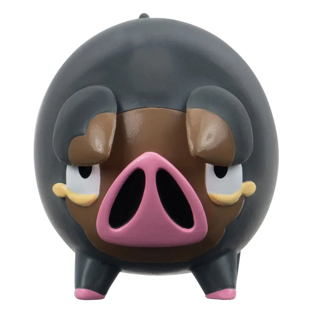 Front view of Lechonk Pokémon figure with pink snout and dark body