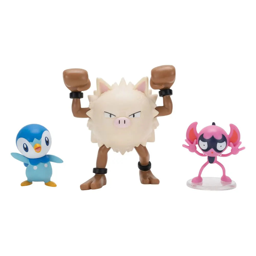Close-up of Pokémon Battle Figure Pack mini figures Impidimp, Piplup, and Primeape standing outside of packaging.