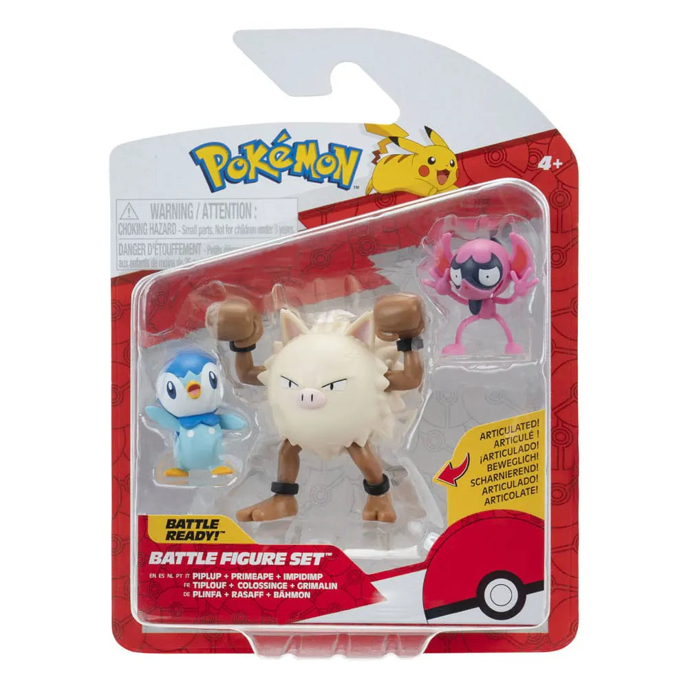 Pokémon Battle Figure Pack in blister packaging featuring Impidimp, Piplup, and Primeape mini figures by Jazwares.
