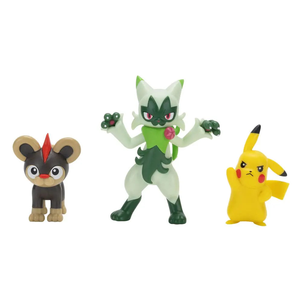 Litleo, Pikachu, and Floragato Pokémon mini figures standing side by side on a white background.