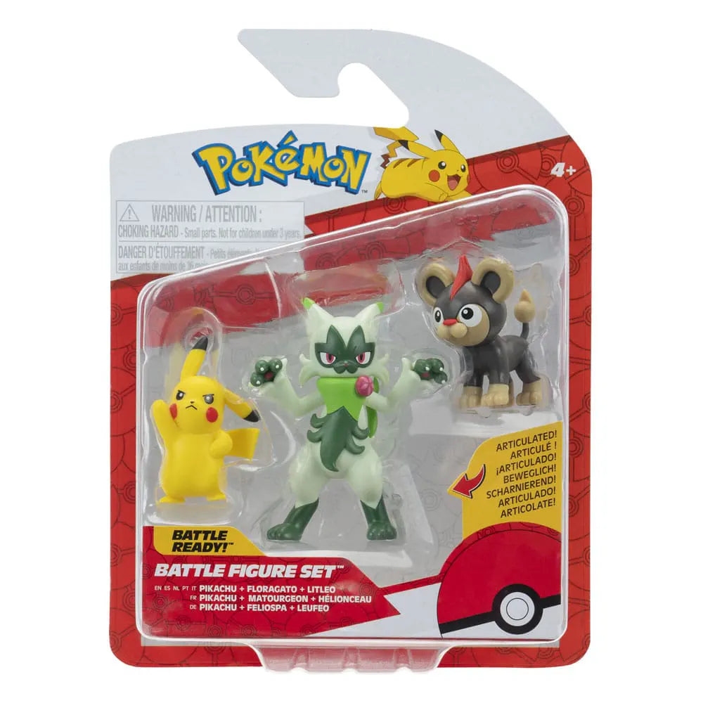 Pokémon Battle Figure Pack in blister packaging featuring Litleo, Pikachu, and Floragato mini figures by Jazwares.
