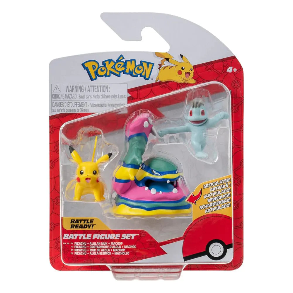 Pokémon Battle Figure Set in blister pack featuring Machop, Pikachu, and Alolan Muk mini figures.