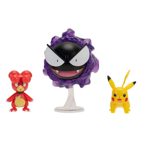 Pokémon Magby, Pikachu, and Gastly mini figures standing side-by-side.