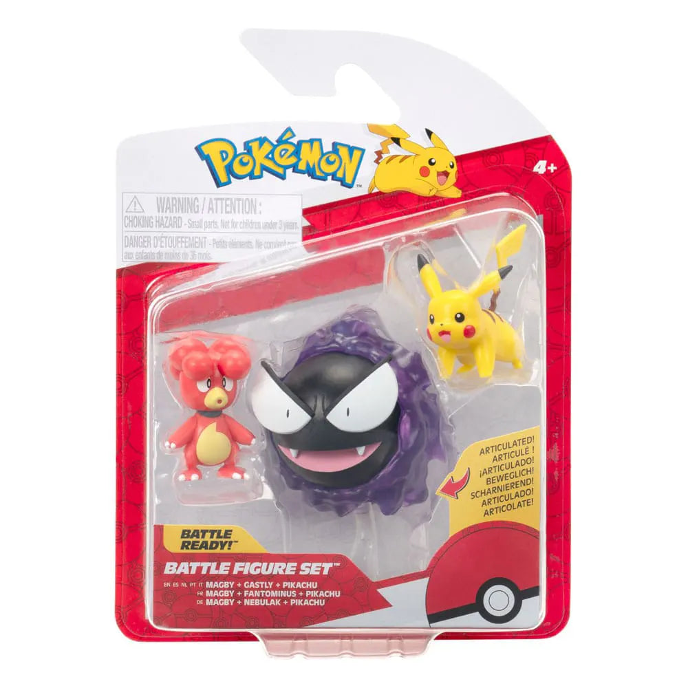 Pokémon Battle Figure Set featuring Magby, Pikachu, and Gastly in blister packaging.