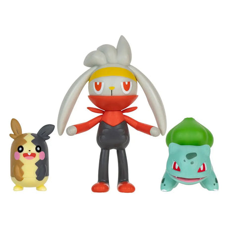 Pokémon Battle Figure Set with Morpeko, Raboot, and Bulbasaur figures standing together.
