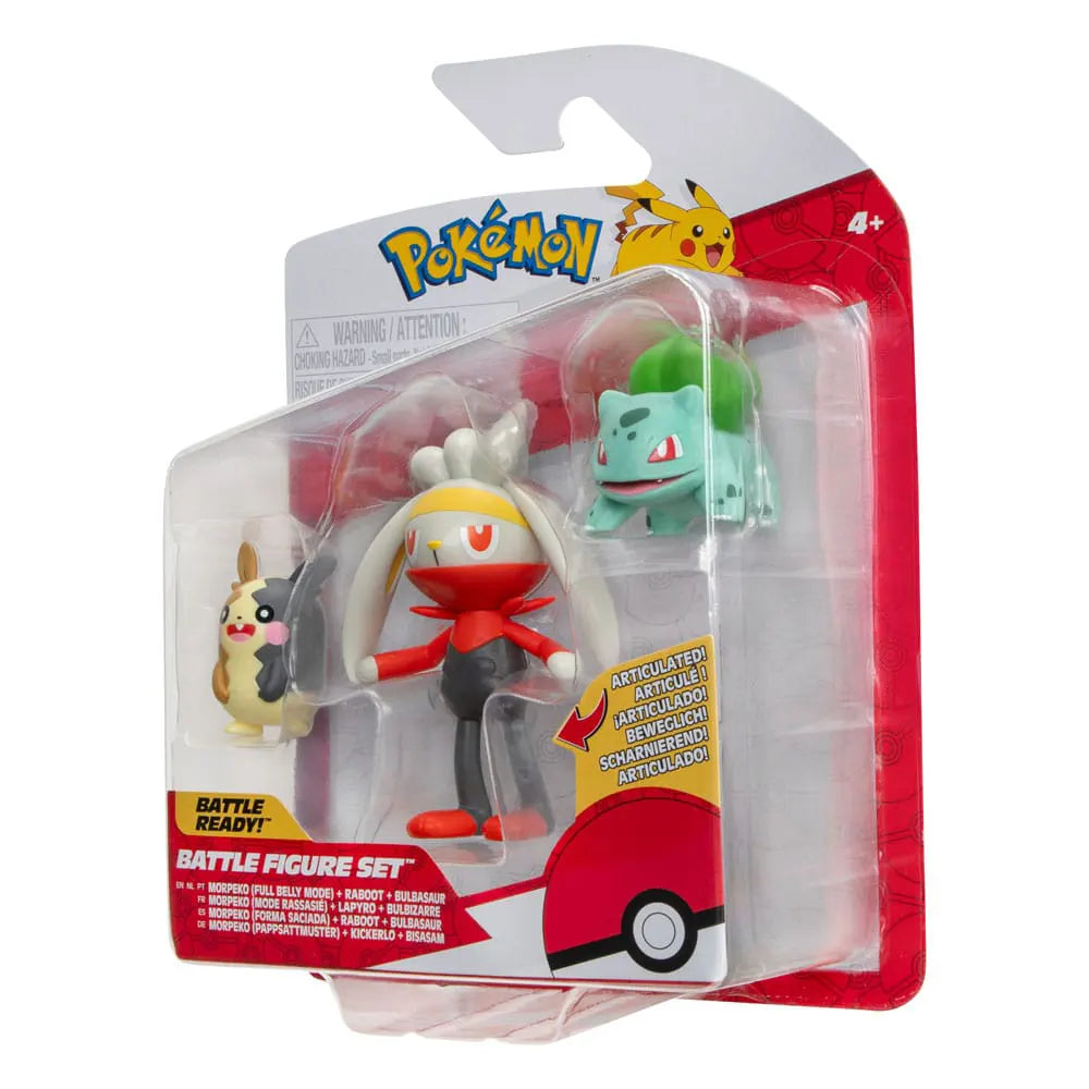 Front view of Pokémon Battle Figure Set packaging with Morpeko, Raboot, and Bulbasaur.