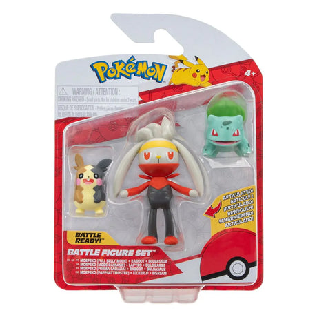 Pokémon Battle Figure Set blister packaging with Morpeko, Raboot, and Bulbasaur.