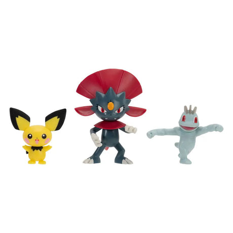 Pokémon Battle Figure Pack – Pichu, Machop, and Weavile mini figures outside of packaging