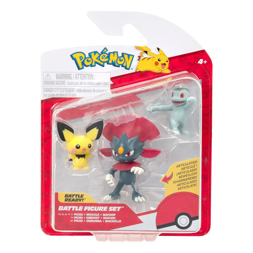 Pokémon Battle Figure Pack in blister packaging with Pichu, Machop, and Weavile mini figures