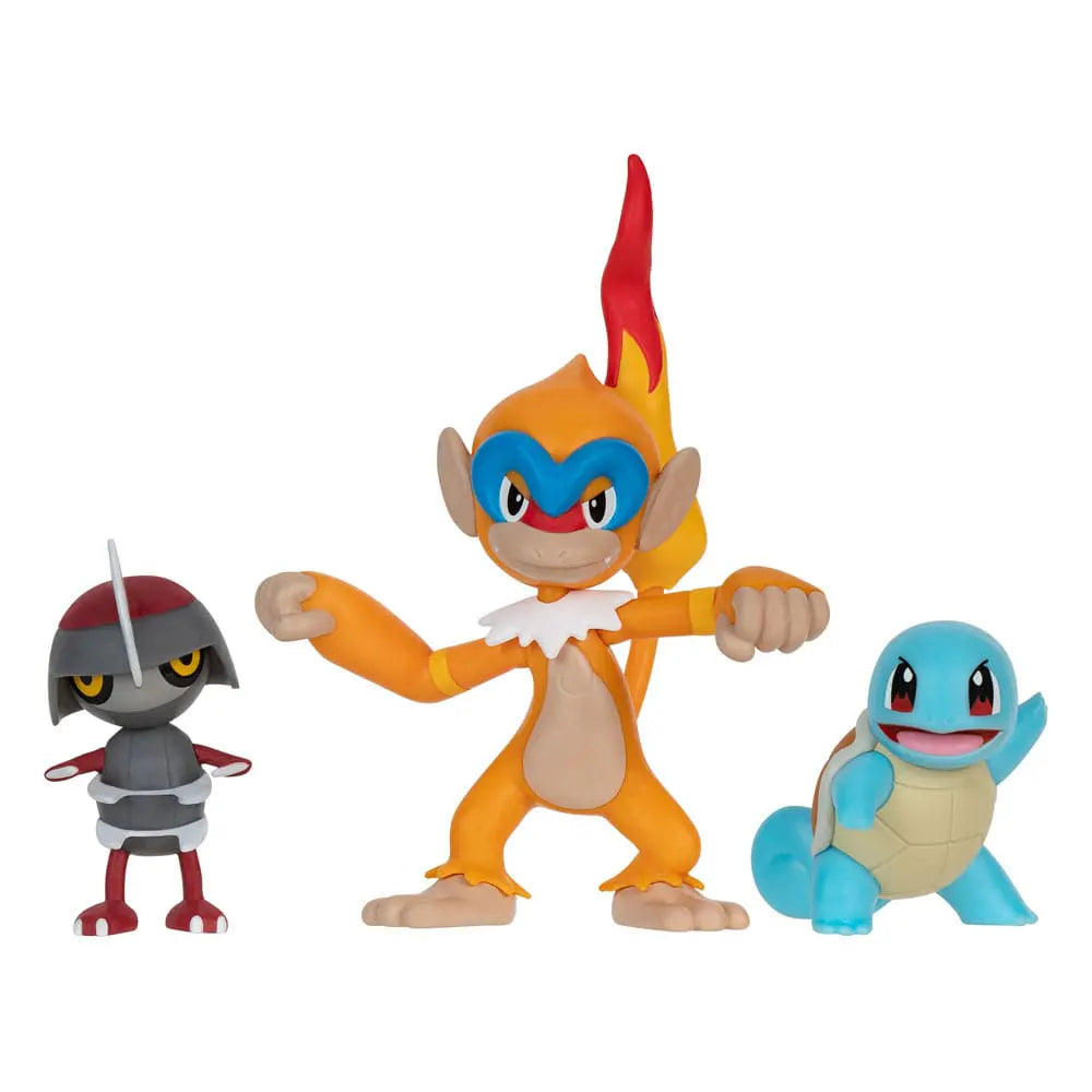 Pokémon Pawniard, Monferno, and Squirtle battle figures standing side by side