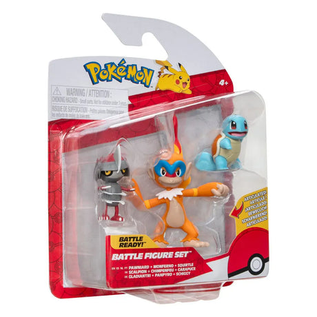 Pokémon Battle Figure Set with Pawniard, Squirtle, and Monferno figures in blister packaging – front view