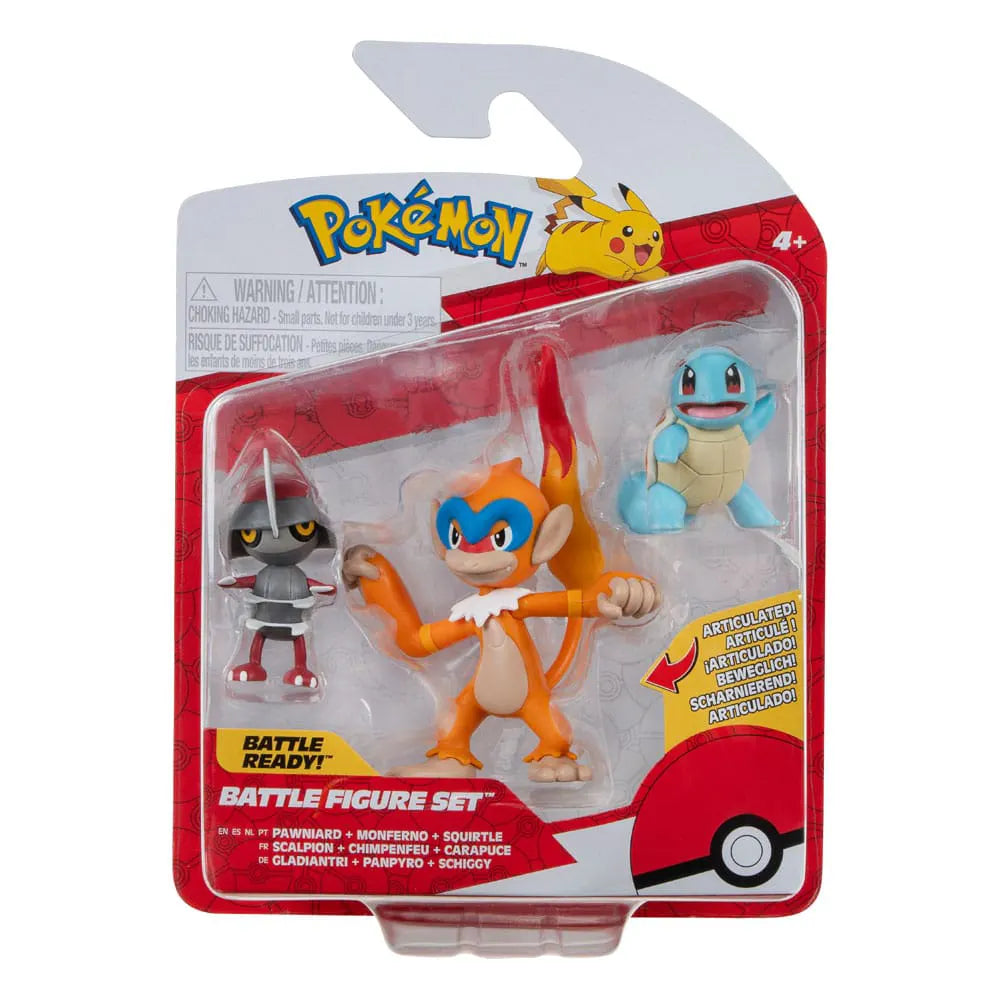 Pokémon Battle Figure Set blister packaging angled side view showing Pawniard, Monferno, and Squirtle