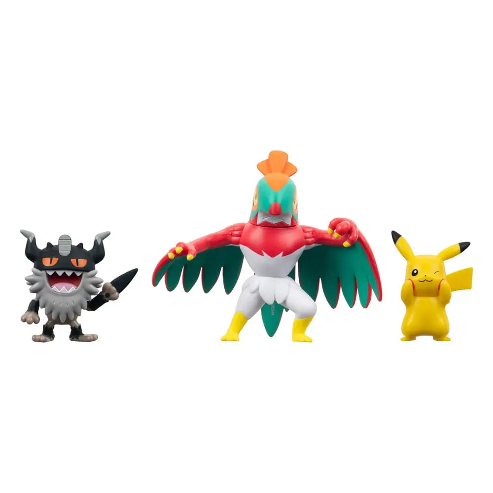 Front view of Pikachu #8, Perrserker, and Hawlucha Pokémon figures standing side by side.