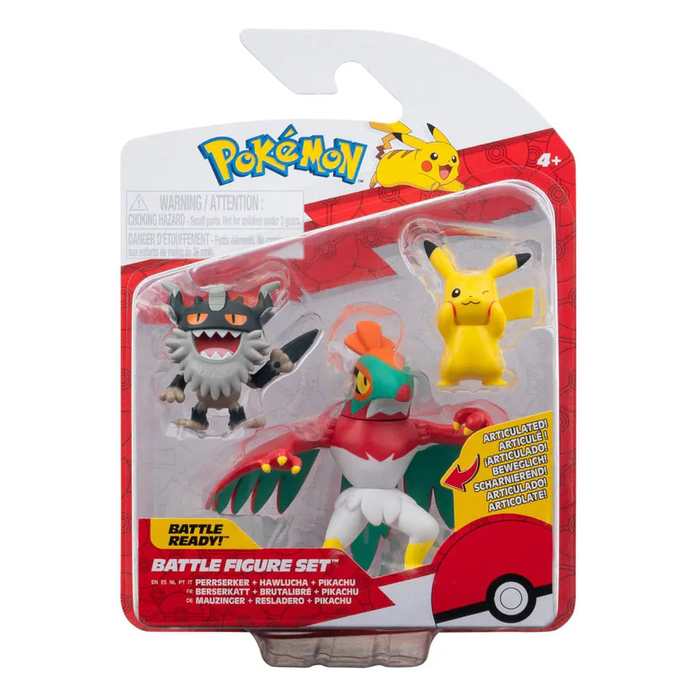 Pokémon Battle Figure Set packaging with Pikachu #8, Perrserker, and Hawlucha figures in blister pack.