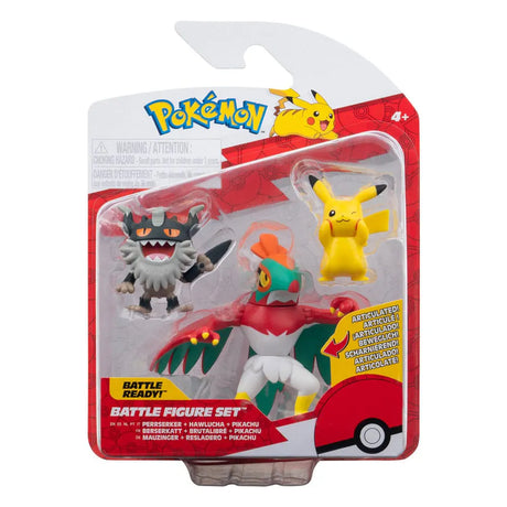 Pokémon Battle Figure Set packaging with Pikachu #8, Perrserker, and Hawlucha figures in blister pack.