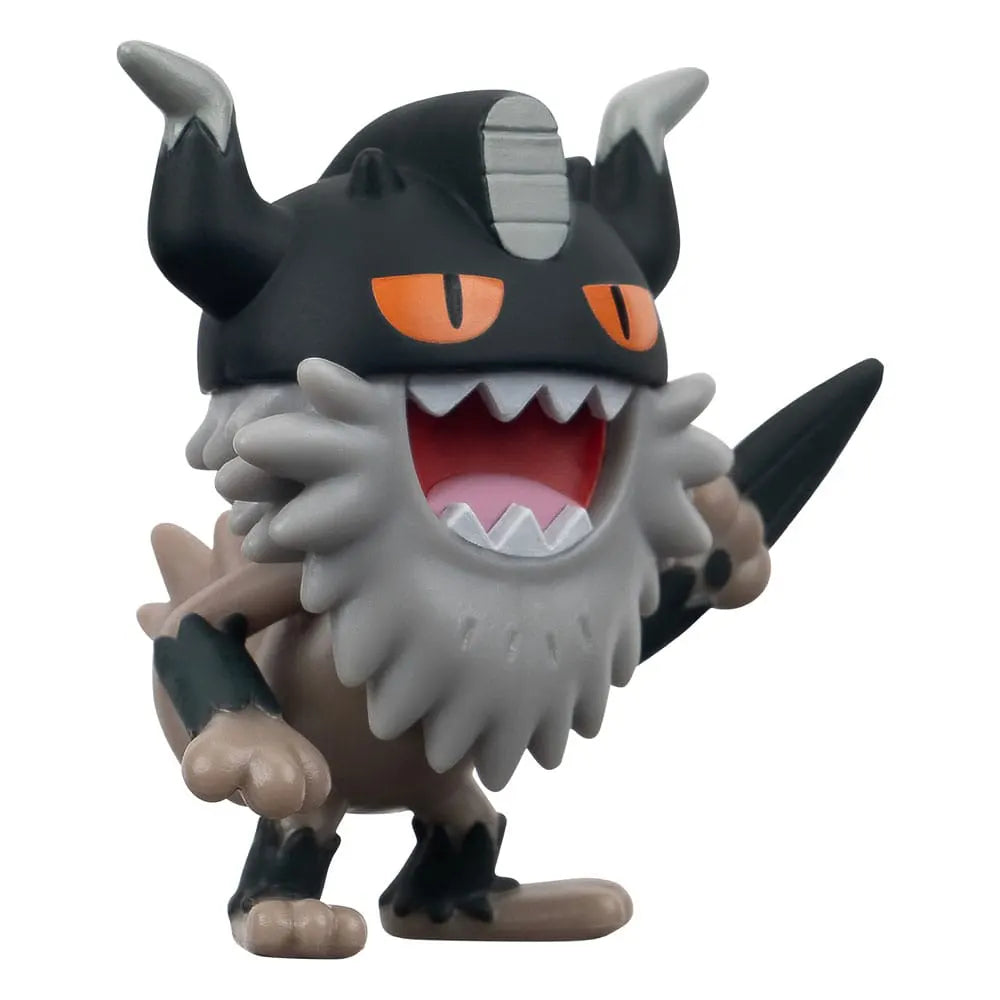 Angled close-up of Perrserker Pokémon figure showing fierce expression and raised weapon.