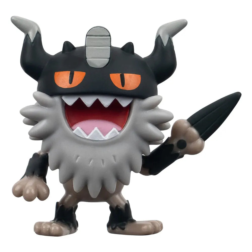 Close-up of Perrserker Pokémon figure showing fierce expression and raised weapon.