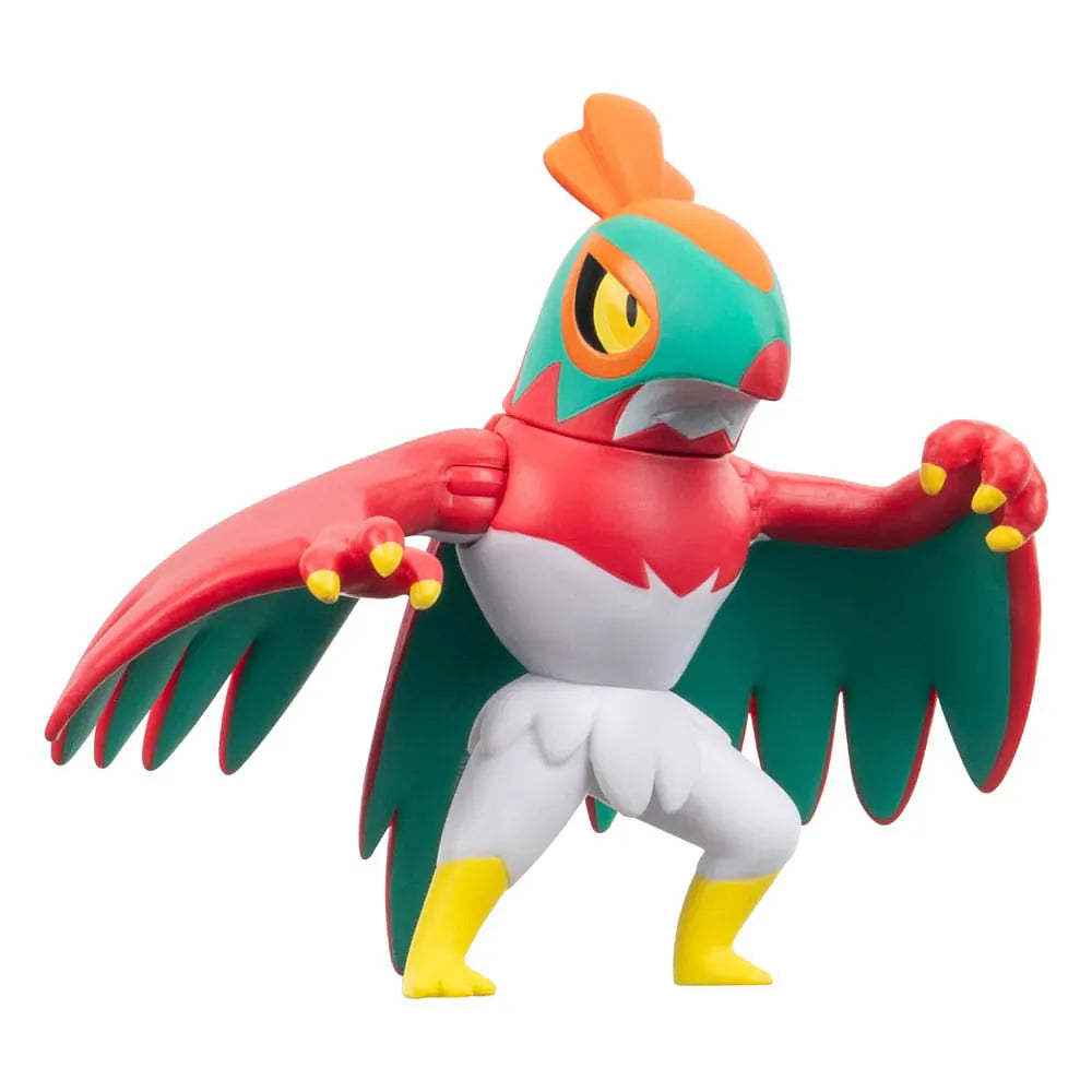 Angled close-up of Hawlucha Pokémon figure with articulated arms and detailed paint.