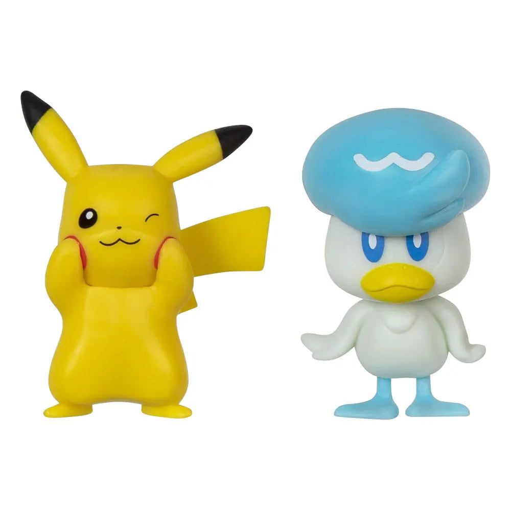 Close-up of Pokémon Pikachu and Quaxly collectible battle figures standing side by side